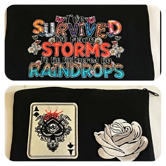 Hand Crafted Black Canvas Cosmetic Bag Pencil case Iron transfer Floral design - Picture 4 of 17